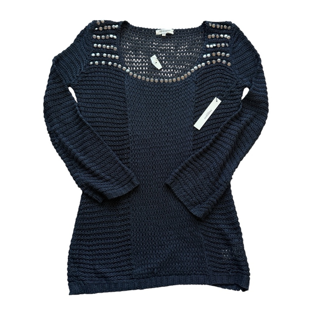 NWT Vertigo Paris Women's M Black Open-Knit Pullover Sweater Casual Metallic